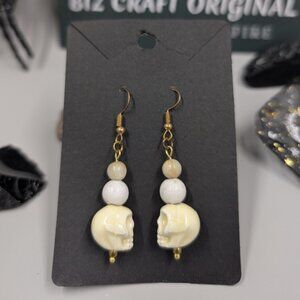 Carved Skull Totem Earrings with Moonstone and Amazonite Gemstones